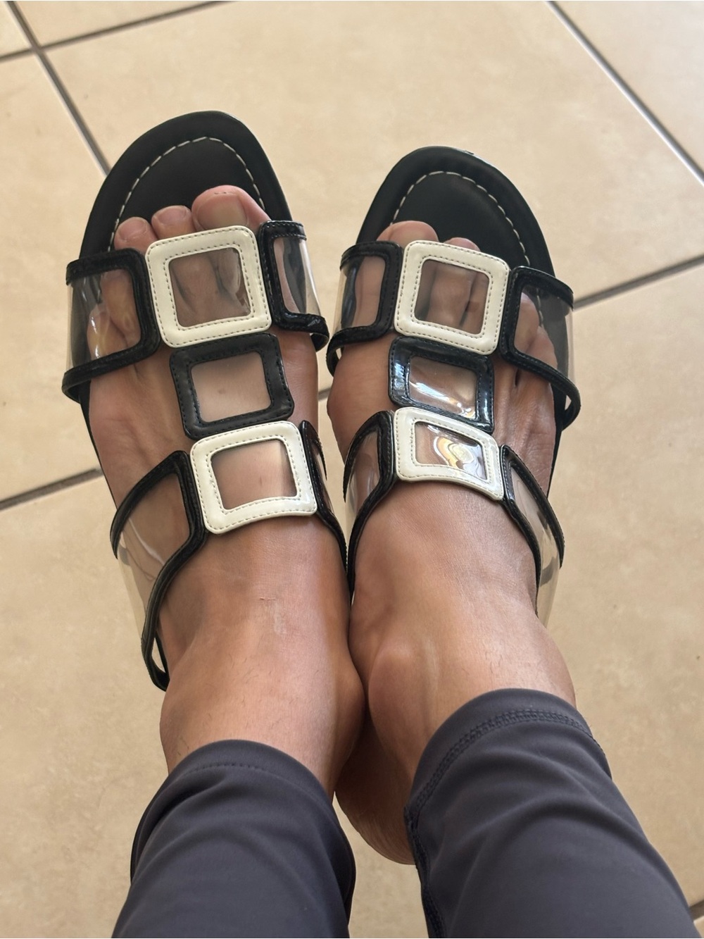 Mickels Clear Strap Slide Sandals Black White Size 6